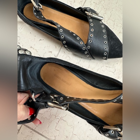 Isabel Marant Black Suede Eyelet Studded Ankle Wrap Linzy Flats - Picture 7 of 16